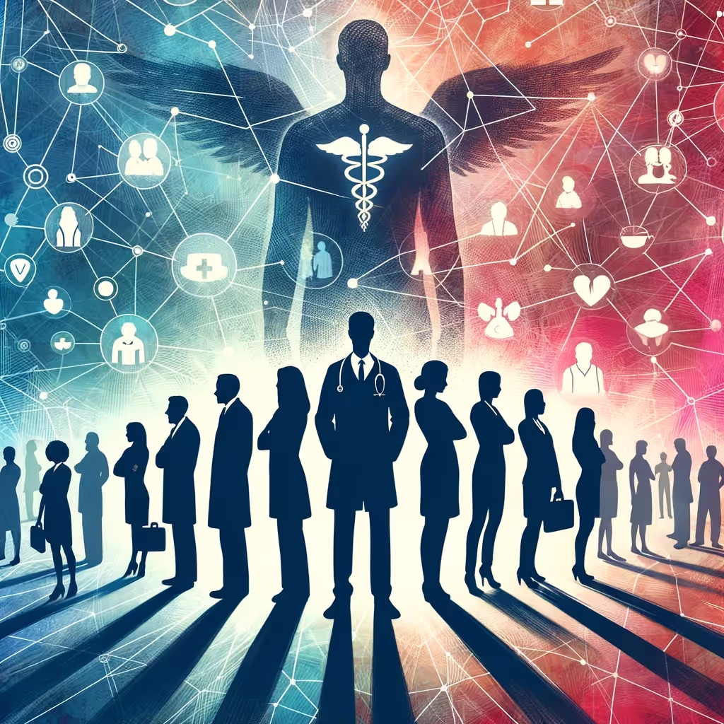 Medizinische Fachkräfte vor einem Hintergrund aus Netzwerken und medizinischen Symbolen