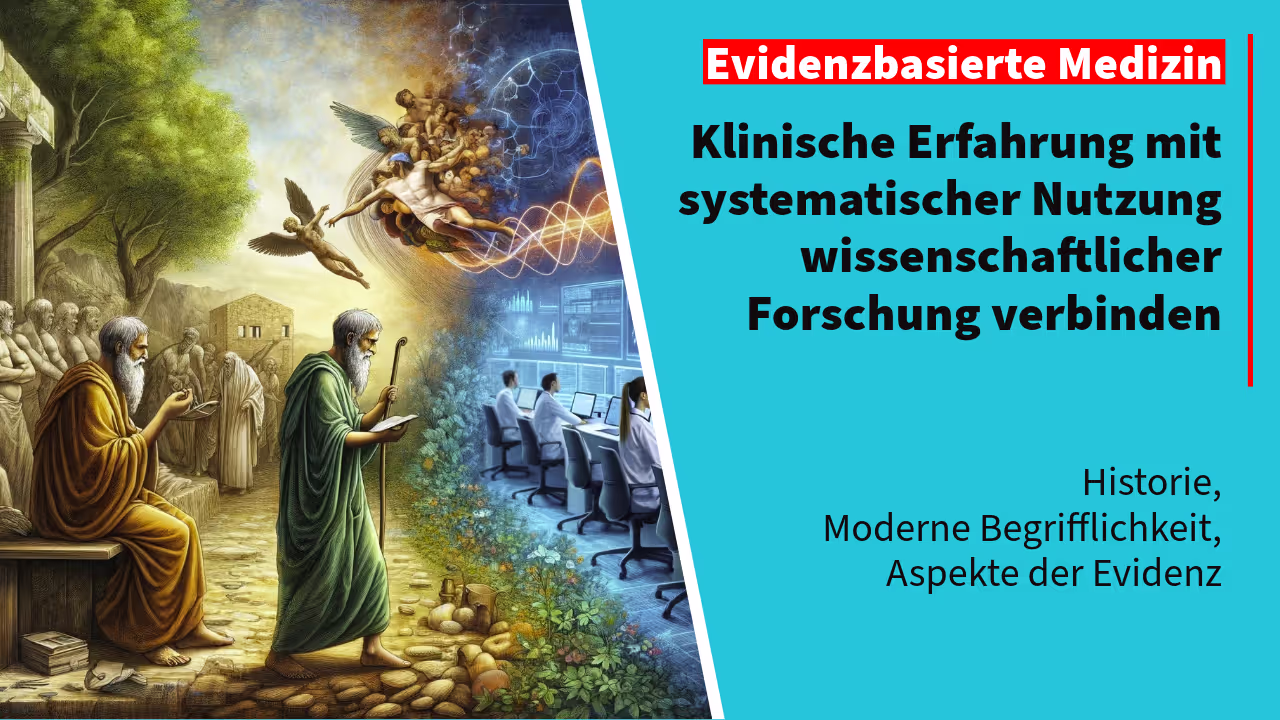 Antike Heiler in einer natürlichen Umgebung auf der linken Seite und moderne Wissenschaftler in einem High-Tech-Labor auf der rechten Seite, verbunden durch eine symbolische Darstellung von Engeln und Wissenschaft