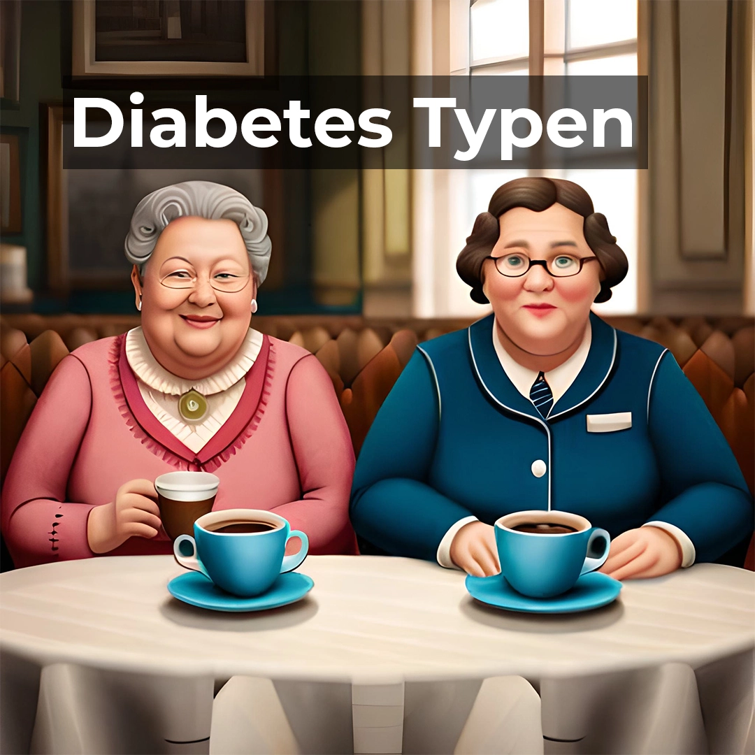 Illustration zweier älterer, korpulenter Damen, die lächelnd im Café an einem Tisch mit Kaffeetassen sitzen – unterschiedliche Wege in dieselbe Stoffwechselstörung