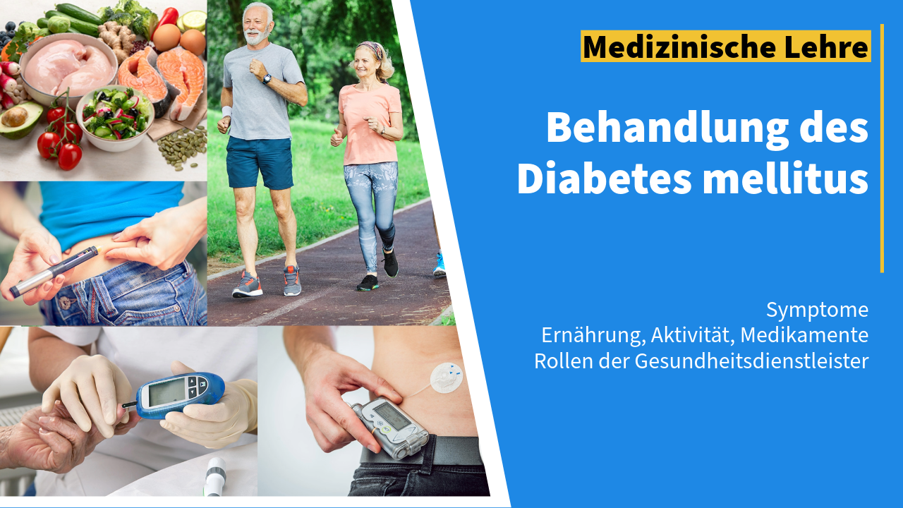 Bildcollage aus frischem Gemüse und Fisch, joggendem älteren Paar, Blutzuckermessung durch behandschuhte Hände und Insulinpumpe am Bauch – Säulen der Therapie