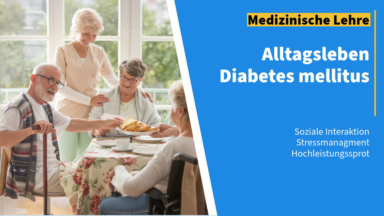 Ältere Menschen mit Diabetes sitzen gemeinsam an einem Tisch, während eine Pflegekraft Unterstützung bietet. Die Szene symbolisiert den Alltag von Menschen mit Diabetes, die soziale Unterstützung und medizinische Versorgung benötigen.
