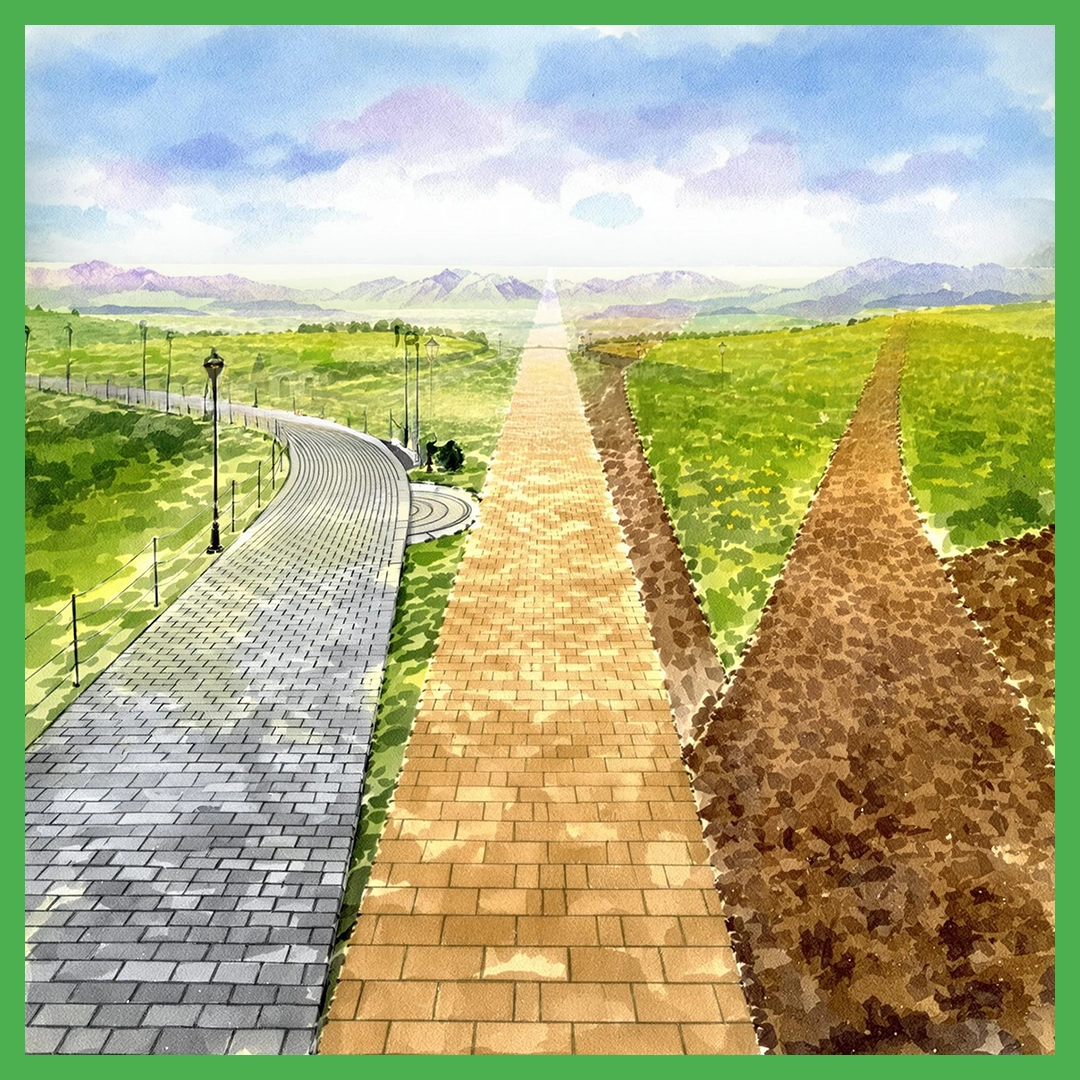 Aquarell einer weiten Berglandschaft, in der sich drei unterschiedliche Wege teilen und zum Horizont laufen – Sinnbild für die Wahl des eigenen Heilpraktiker-Wegs